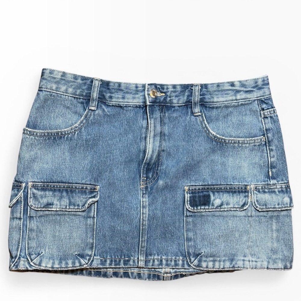 Zara Blue Denim Cargo Micro Mini Skirt Utility Pocket Size Large Festival Y2K